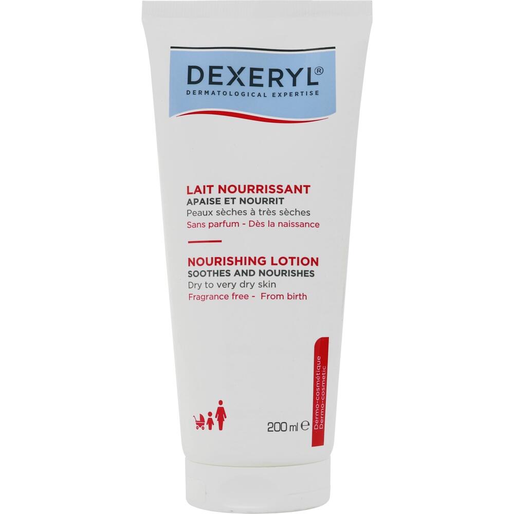 Eine Tube Dexeryl-Lotion für trockene Haut steht aufrecht.