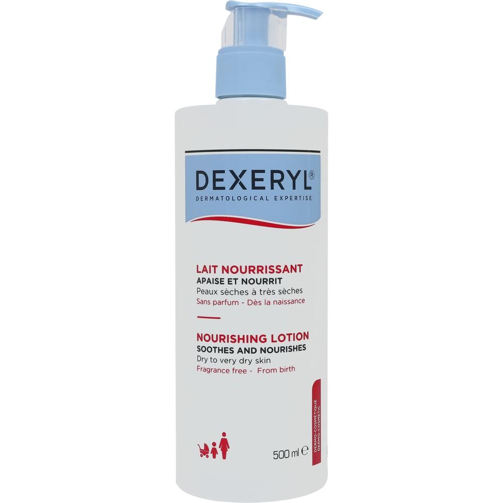 Eine Flasche Dexeryl Lotion mit blauem Pumpspender gegen trockene Haut.