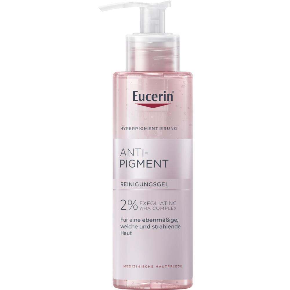 Eine rosa Flasche Eucerin Anti-Pigment Reinigungsgel mit Pumpspender.