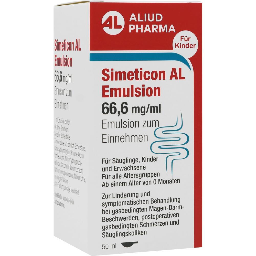 Eine Medikamentenverpackung f&uuml;r Simeticon AL Emulsion, geeignet f&uuml;r Kinder und Erwachsene.