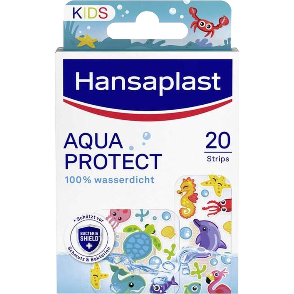 Eine Packung wasserdichte Kinderpflaster mit bunten Meeresmotiven.