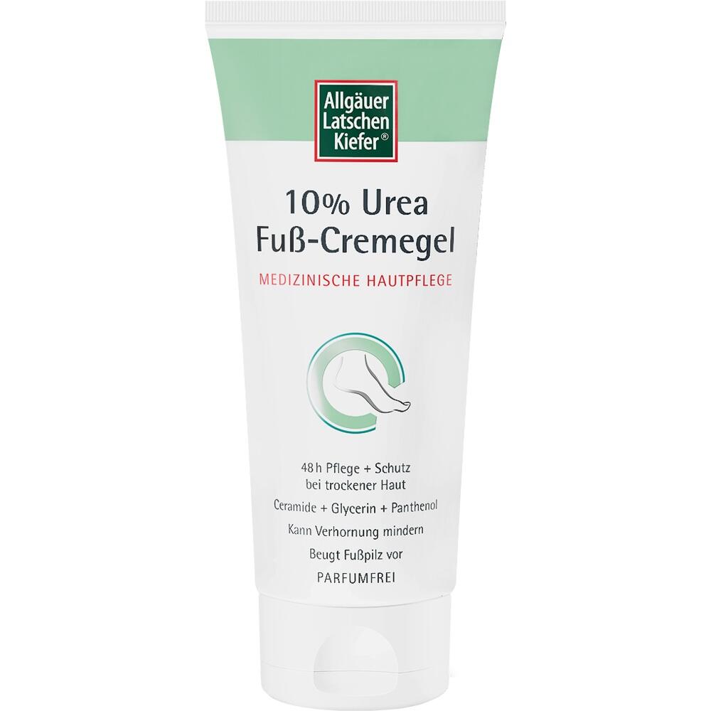 Weiße Tube Fußcreme mit grünem Deckel, beschrieben mit 10% Urea und parfümfrei.