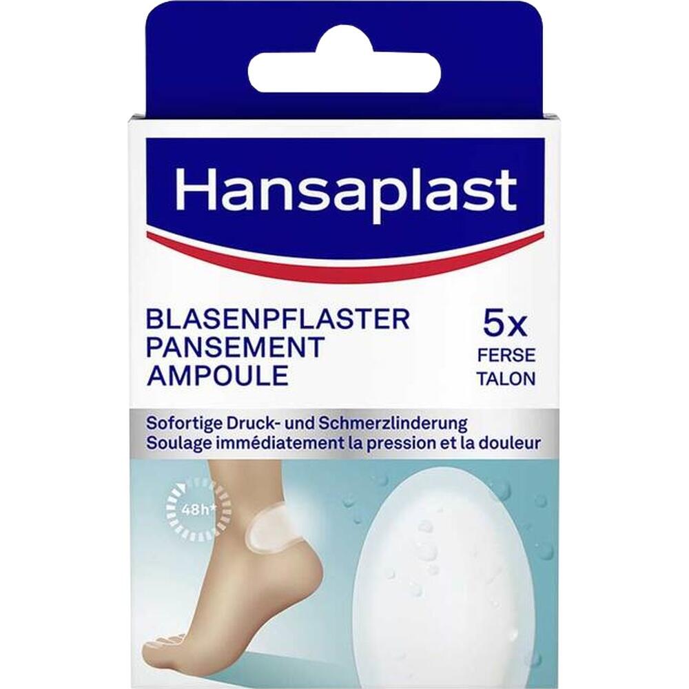 Eine Packung Hansaplast Blasenpflaster für die Ferse mit fünf Pflastern.