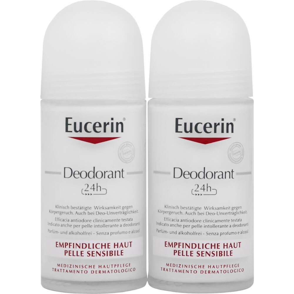 Zwei Eucerin Deodorant-Roll-ons für empfindliche Haut, jeweils 24 Stunden Schutz.