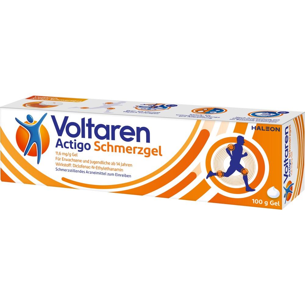 Weiße Verpackung von Voltaren Schmerzgel mit blauen und orangefarbenen Mustern.