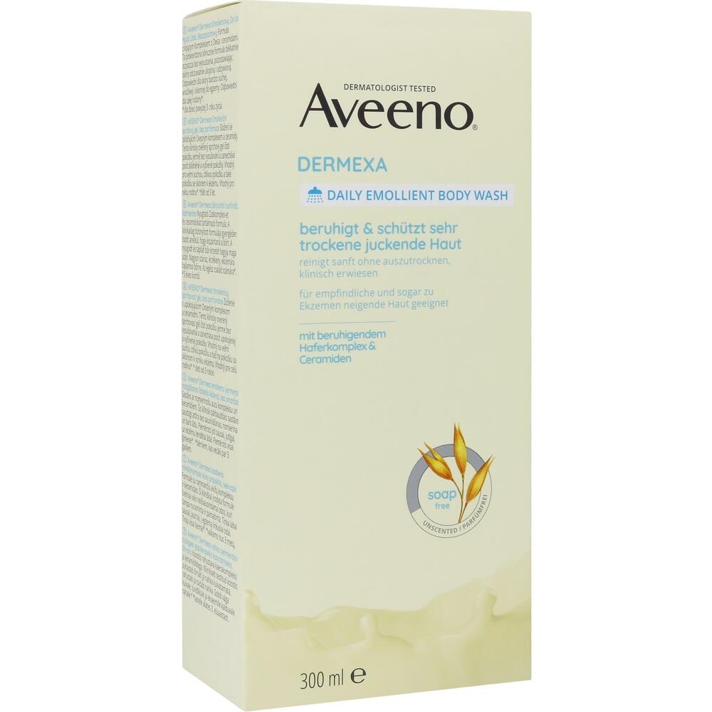 Eine gelbe Verpackung für Aveeno Dermexa Duschgel mit Haferkomplex und Ceramiden.