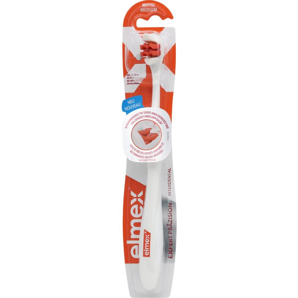 Eine verpackte Zahnb&uuml;rste der Marke Elmex mit rotem Stiel.