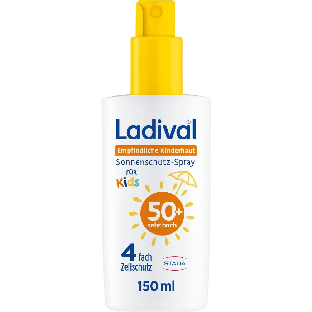 Wei&szlig;e Flasche mit gelbem Spr&uuml;hkopf f&uuml;r Kinder-Sonnenschutz mit Schutzfaktor 50+.