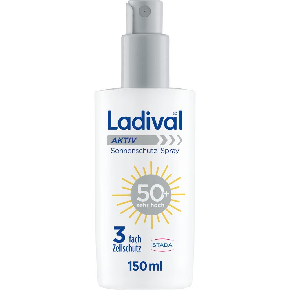 Eine weiße Flasche Ladival Sonnenschutz-Spray mit LSF 50+.
