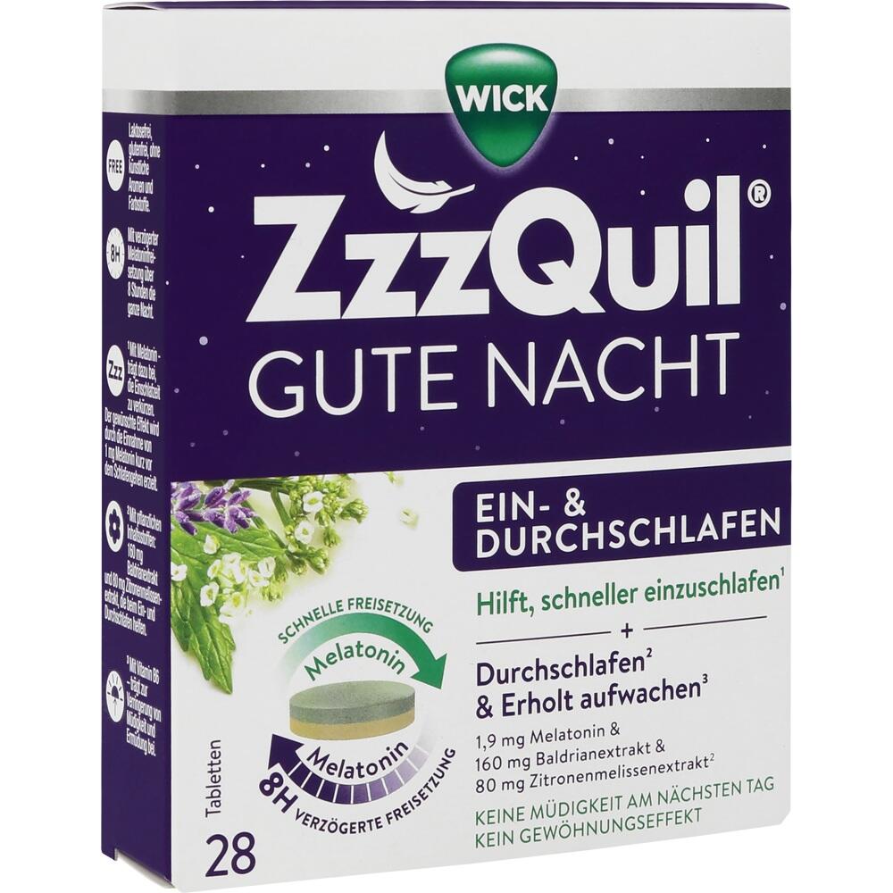 Verpackung von ZzzQuil Gute Nacht für besseren Schlaf mit Melatonin.