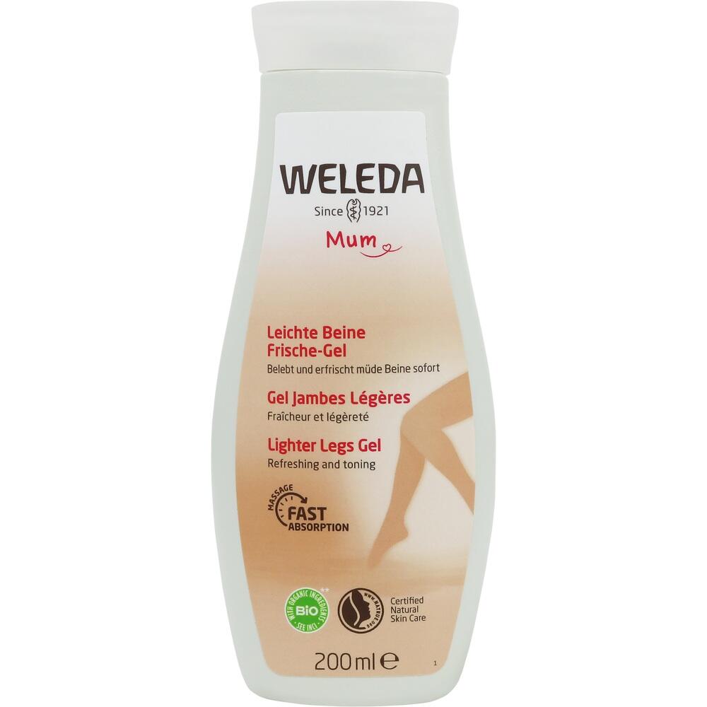 Eine Flasche Weleda Gel für leichte Beine mit schnellem Einziehen und Bio-Zertifizierung.