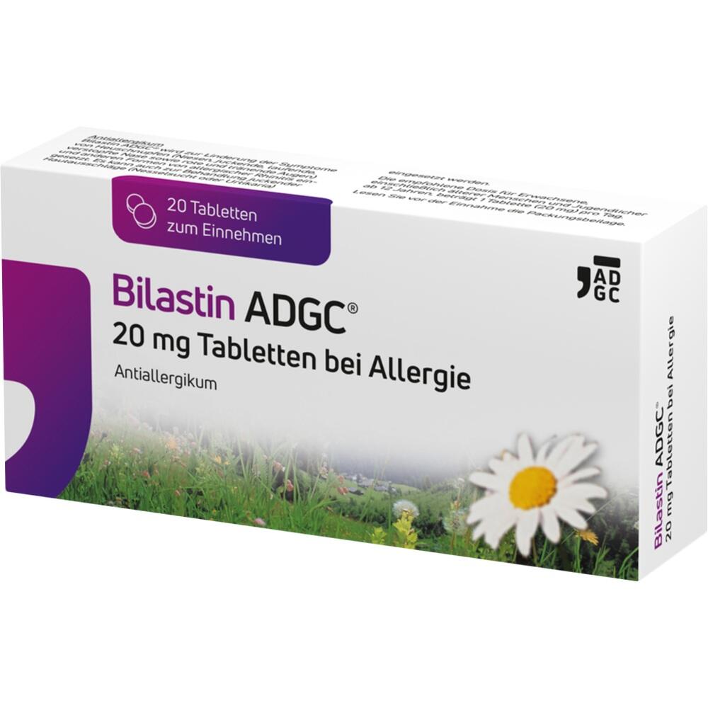 Packung Bilastin ADGC Tabletten gegen Allergien mit Kamillenblume auf der Verpackung.