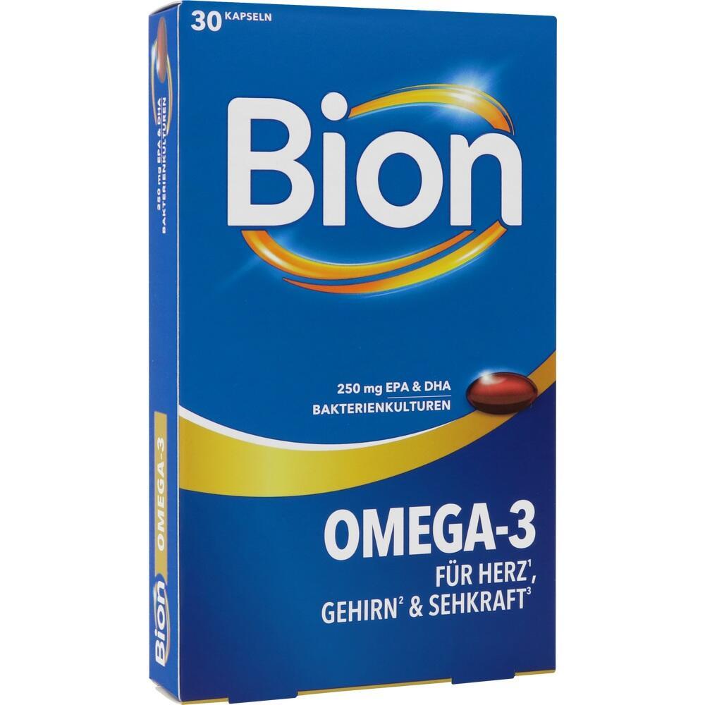 Blaues Bion Omega-3 Verpackung mit 30 Kapseln für Herz, Gehirn und Sehkraft.