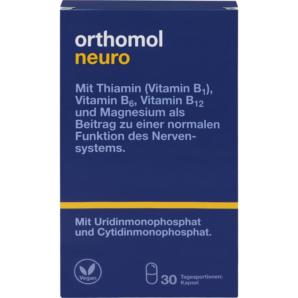 Blau-gelbe Verpackung von Orthomol Neuro mit 30 Kapseln und Vitaminen f&uuml;r die Nervensystem-Funktion.