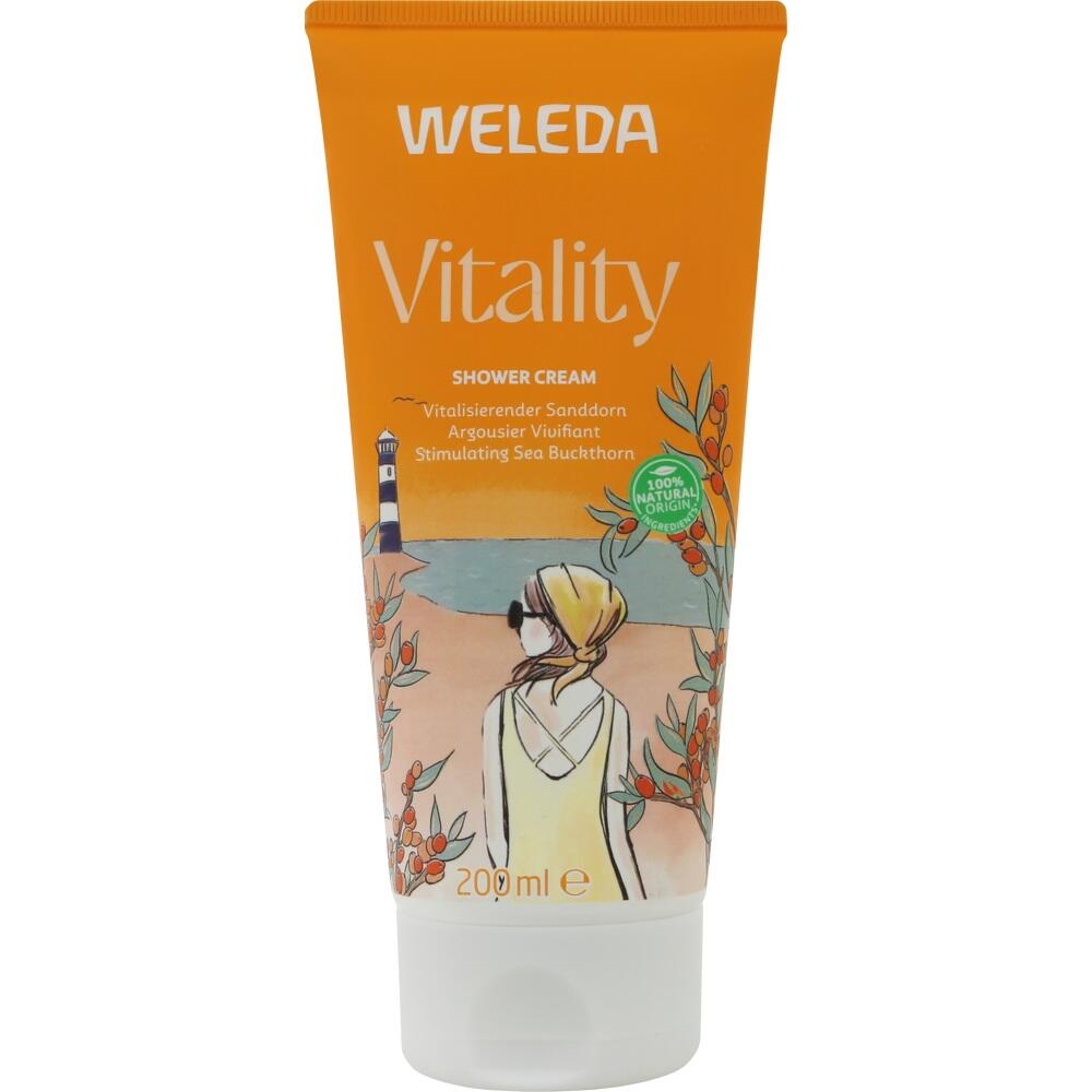 Orange Tube mit Duschcreme von Weleda, 200 ml, mit Sanddornmotiv.