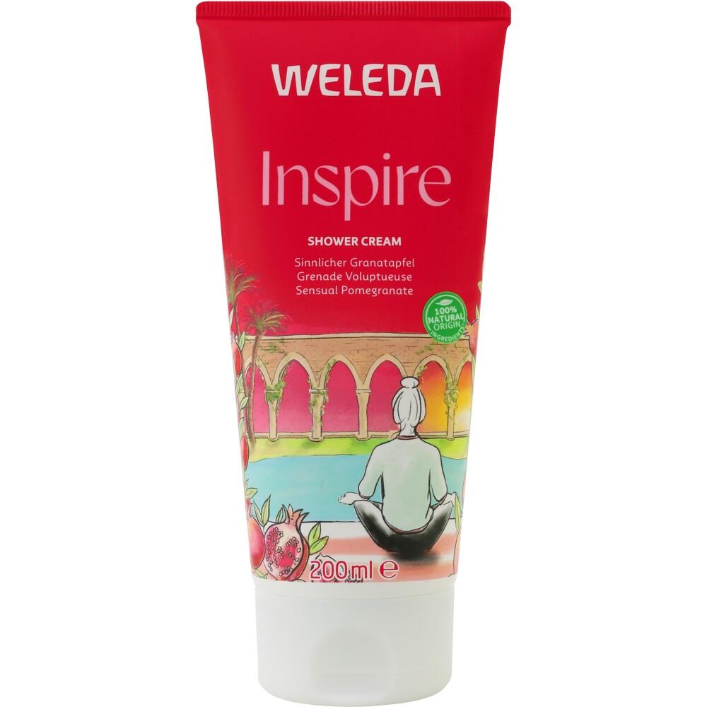 Rote Weleda-Duschcreme-Tube mit Granatapfelmuster auf der Vorderseite.