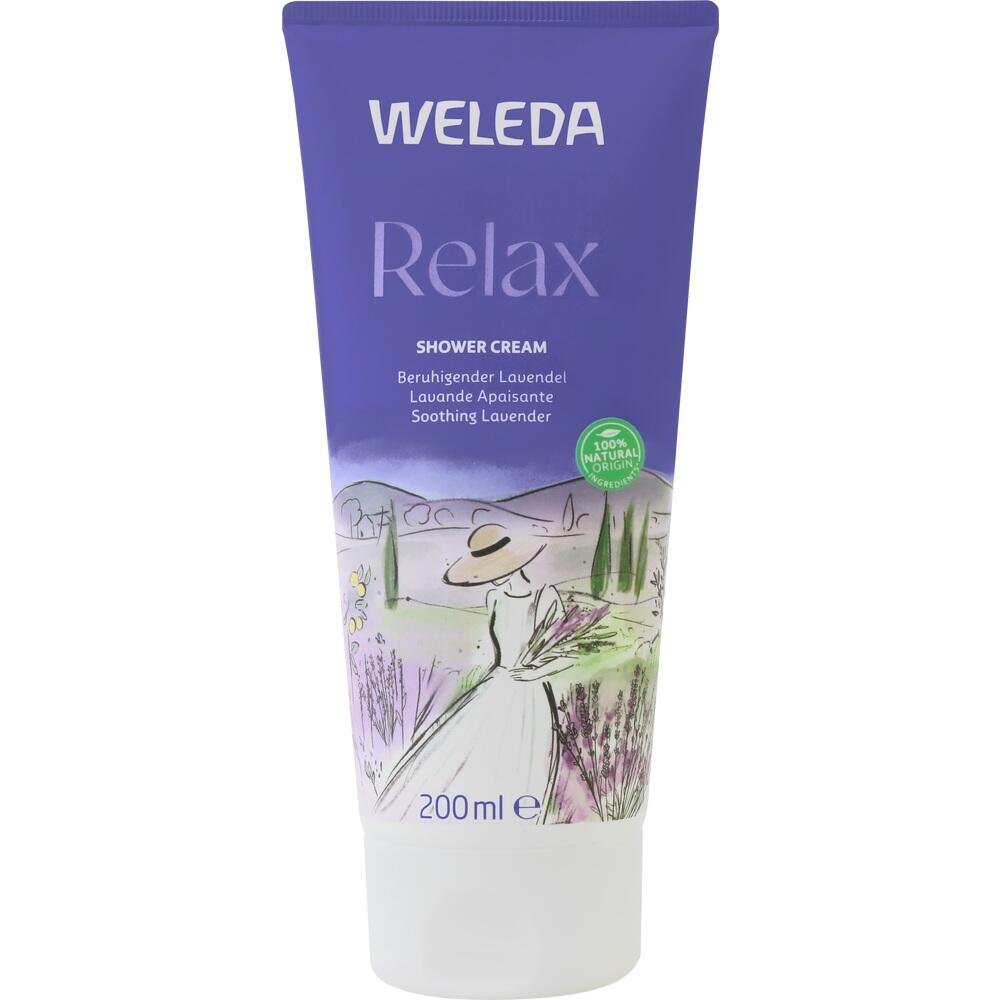 Eine lila Duschcreme-Verpackung mit Lavendelmotiv und der Aufschrift "Weleda Relax".