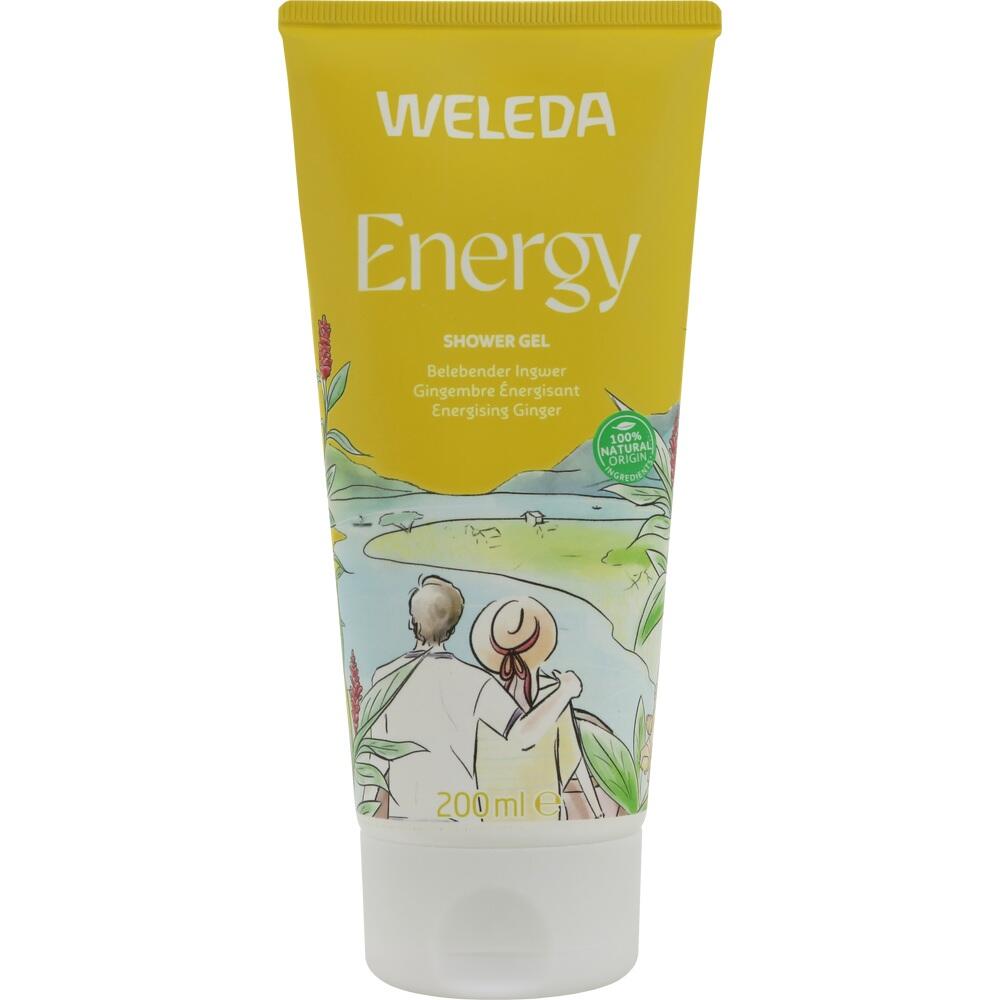 Gelbe Tube mit Weleda Energy Duschgel und Naturillustration.