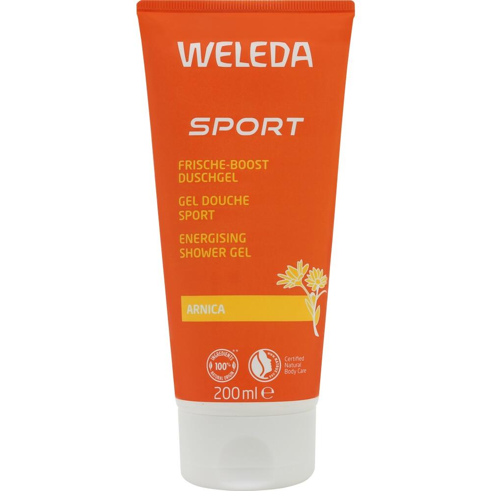 Orange Tube mit Sport-Duschgel von Weleda, 200 ml, enthält Arnika.