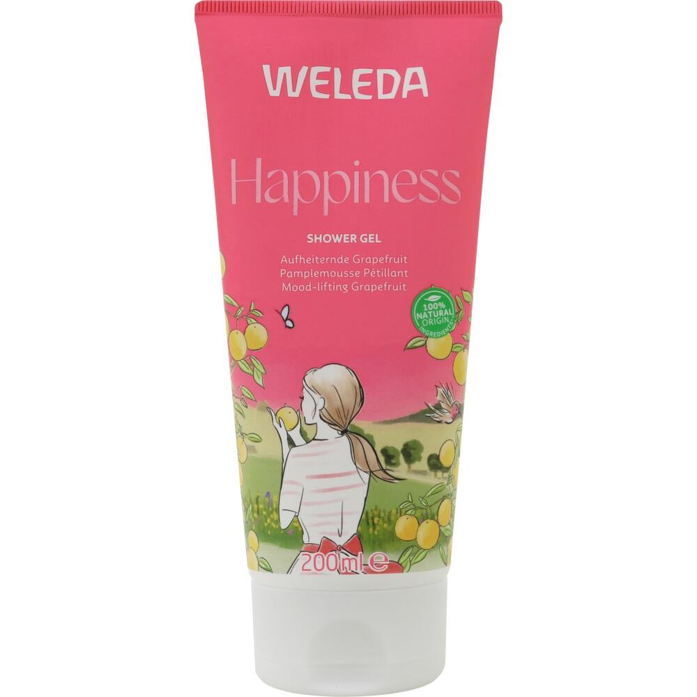 Rosa Duschgel-Tube von Weleda mit dem Namen "Happiness" und Grapefruit-Darstellung.