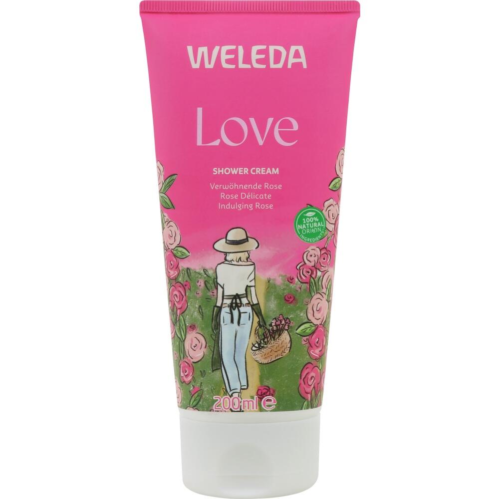 Rosa Duschcreme-Tube mit Blumenmuster und einer Person mit Hut und Korb.