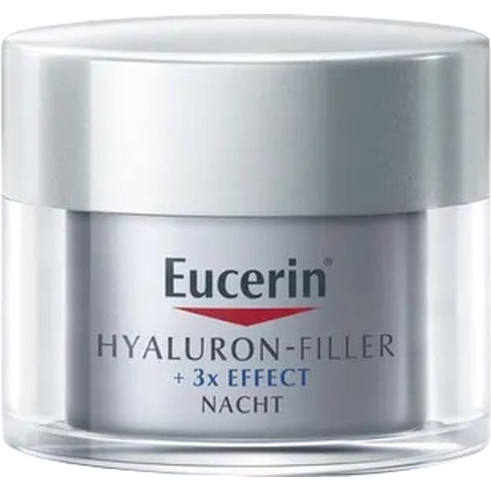 Graues Creme-Döschen mit Eucerin-Logo und der Aufschrift "Hyaluron-Filler Nacht".