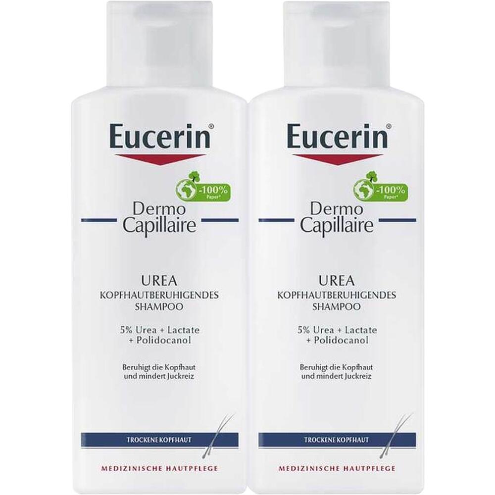 Zwei Flaschen Eucerin Urea Shampoo für trockene Kopfhaut.