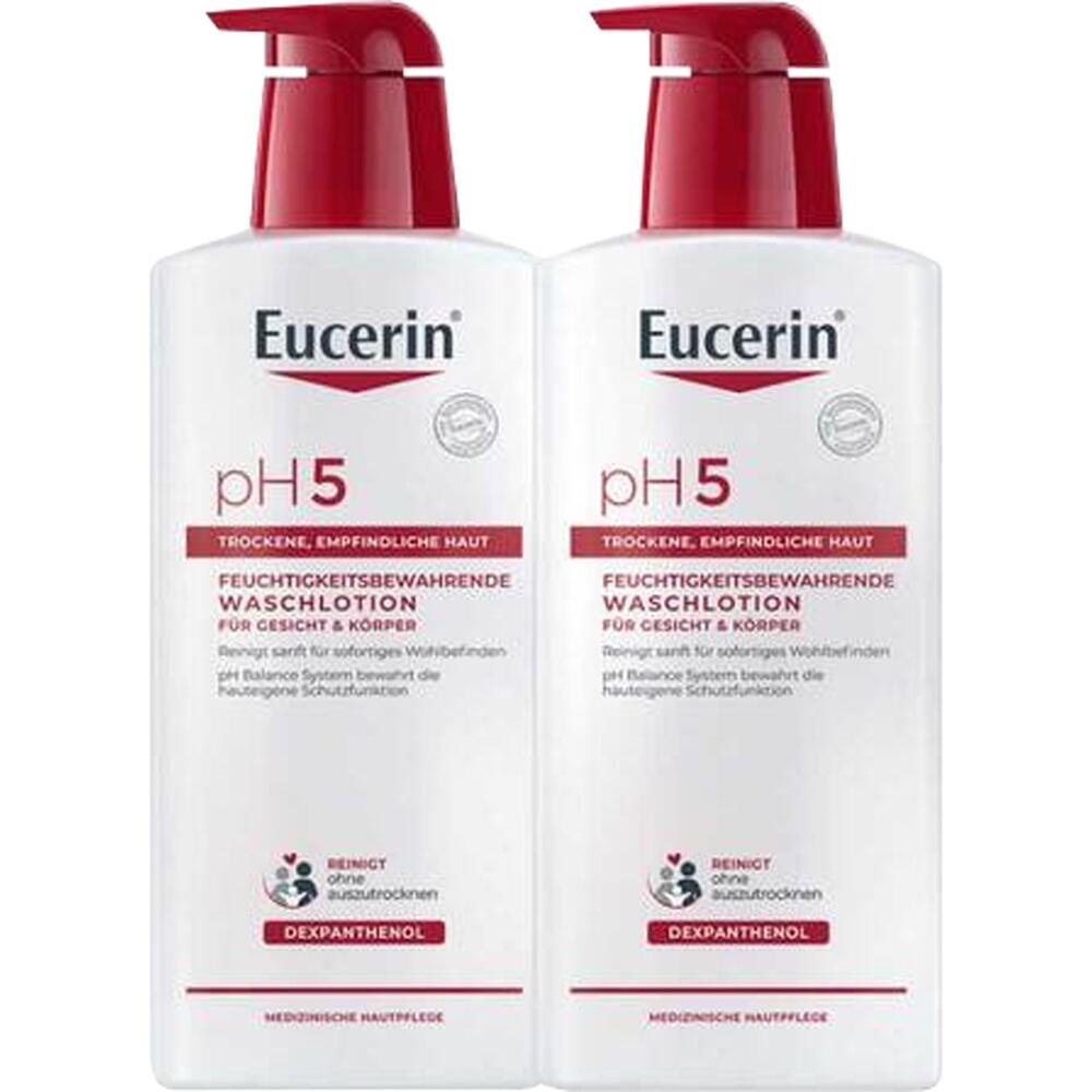 Zwei Flaschen Eucerin pH5 Waschlotion für empfindliche Haut.