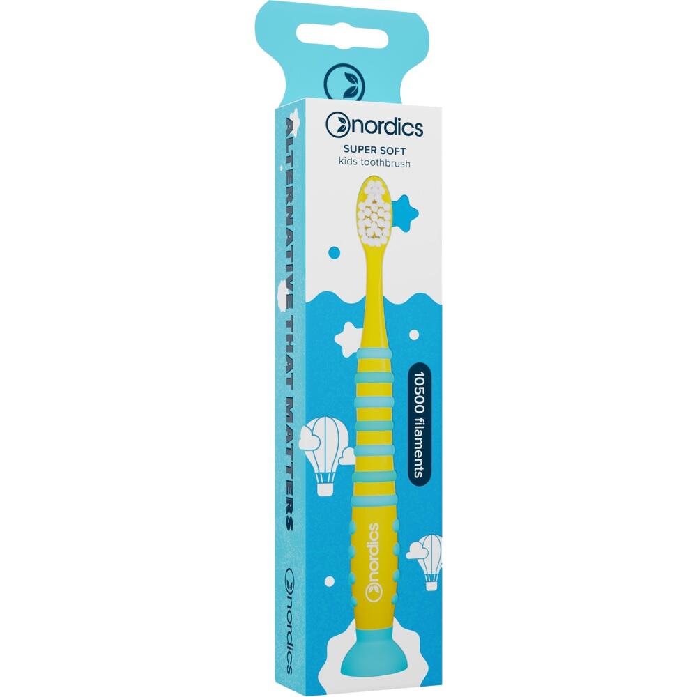 Eine gelbe Kinderzahnbürste in einer blauen Verpackung.