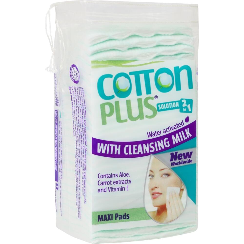 Packung mit Reinigungspads von "Cotton Plus", aktiviert durch Wasser und enthält Reinigungsmilch.