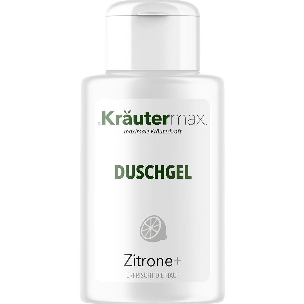 Wei&szlig;e Flasche mit Kr&auml;utermax Duschgel, Zitronenduft.