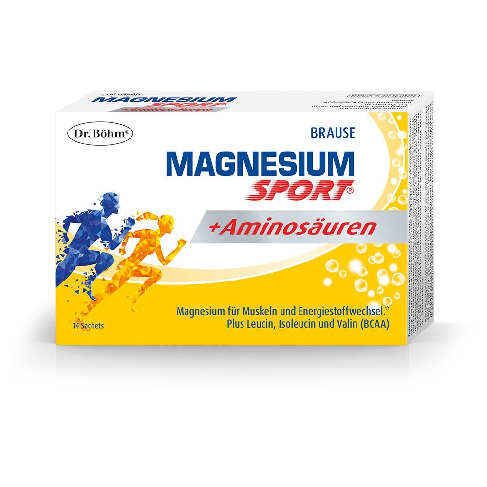 Auf der Verpackung sind zwei bunte, laufende Figuren und der Text "Magnesium Sport + Aminosäuren".